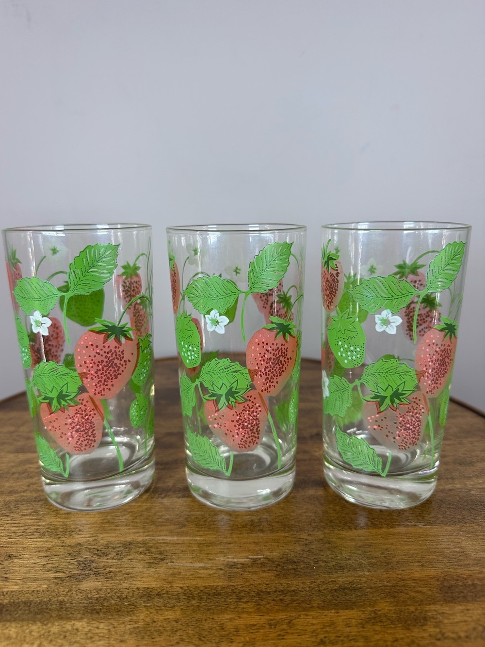 Vintage Strawberry Drinking Glasses Set of 3 Cups Glass Strawberries